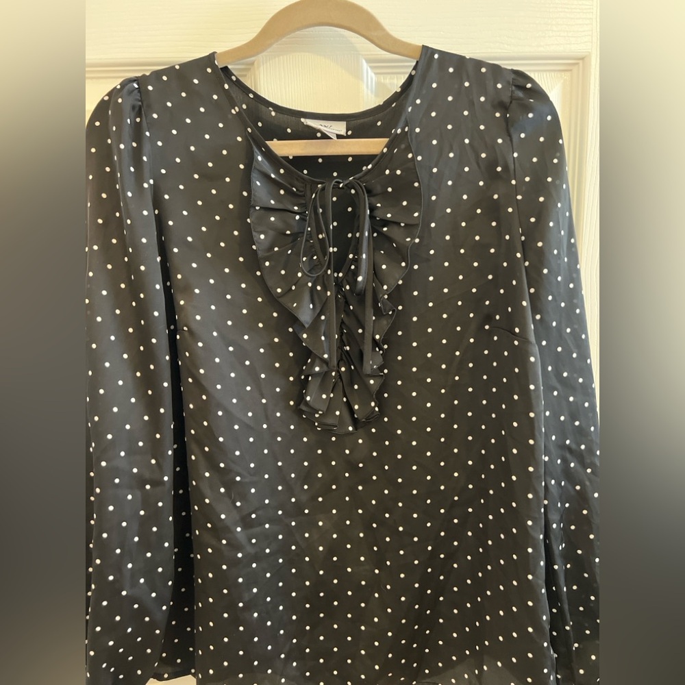 Worthington Black & White Polka Dot Blouse with Ruffle Tie Front